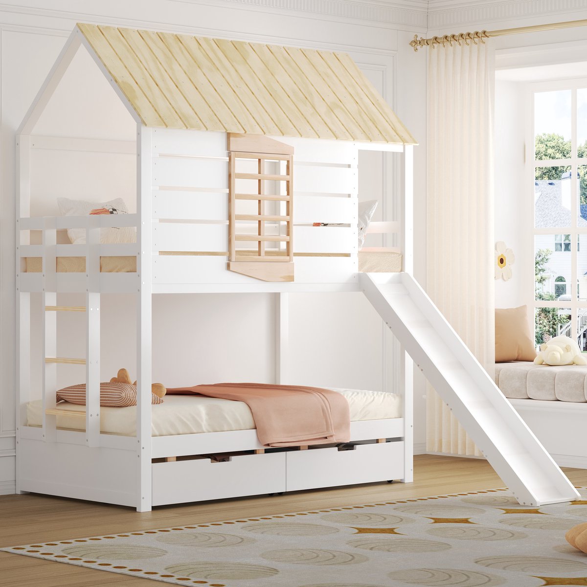 MODFU Stapelbed 90x200 cm van MDF en grenenhout – huisvorm met glijbaan – wit/naturel – speels design voor kinderen Wit + natuurlijke