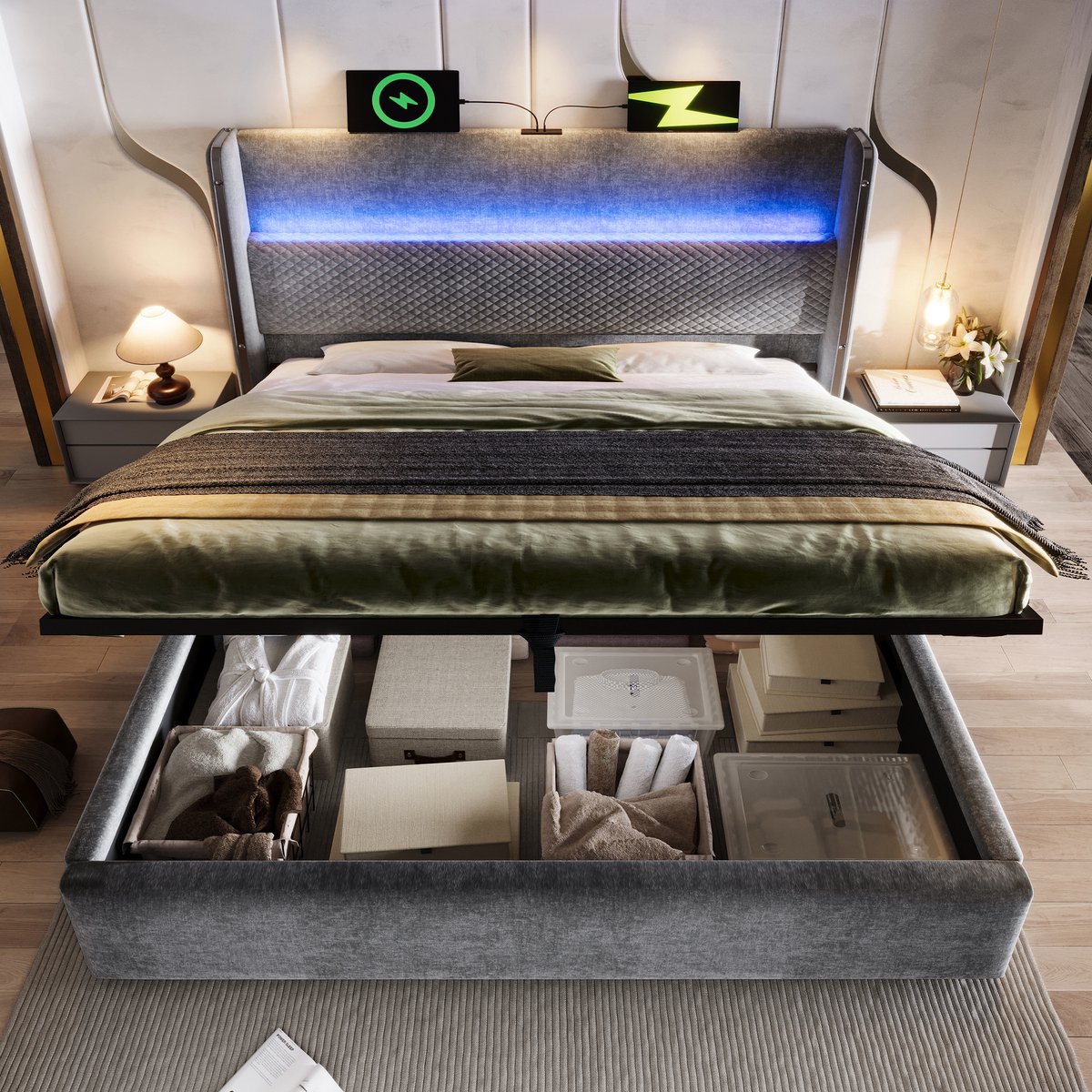 Wishdor Hydraulisch Opbergbed 180x200 cm – Hoog Hoofdbord met LED – USB en Type-C – Linnen – Grijs