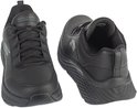 Zwarte leren sportschoenen, één van voren gezien, één van de zijkant met veters en S-logo.