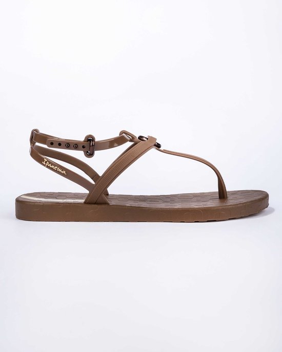 Bruine Ipanema slipper met bandjes en gesp, met een patroon op de zool.