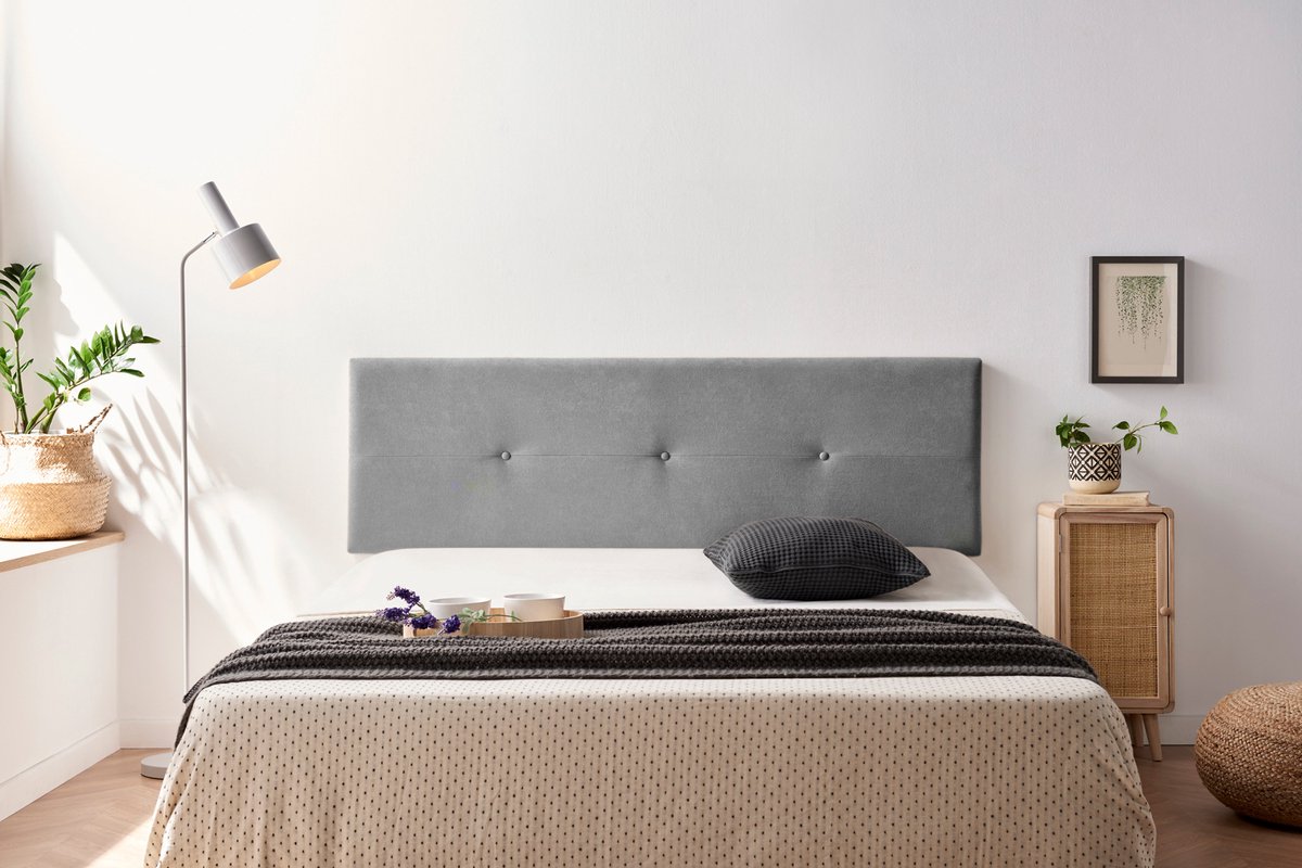 Moonia Hoofdbord - Slaapkamer Accessoire - Lichtgrijs - Duurzaam en Eenvoudig - Aqualiné Stof - Met Gestoffeerde Knopen