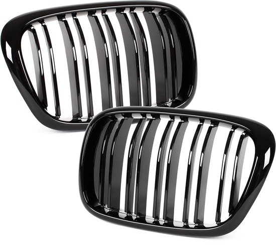 Grille Set (Nieren) – Hoogglans Zwart / Black Glossy – Double Bar Design – Voor BMW 5-Serie E39 (1995-2003) Sedan & Touring