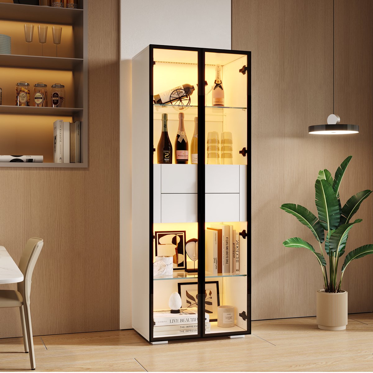 MIVRAY Vitrinekast - Wit Glazen Design Met Ledverlichting En 2 Lades - Voor Woonkamer En Interieur - MDF En Gehard Glas - 60x40x160 Cm