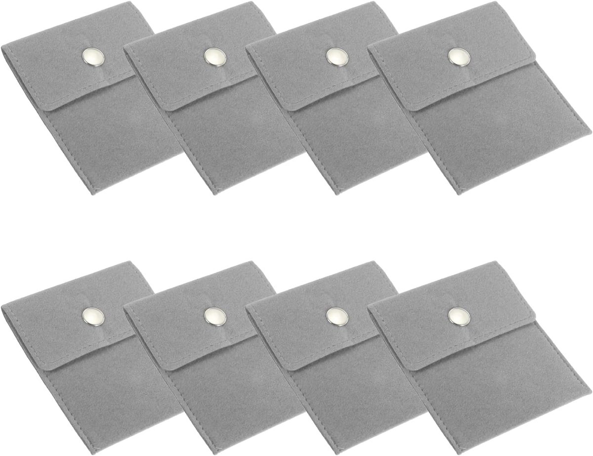 3.5 x 4 inch Jewelry Pouch - 8 Pcs Velvet Pouches - Snap Button Portable Storage Bag voor Sieraden zoals Oorbellen, Armbanden, Halskettingen, Ringen en Horloge - Grijs