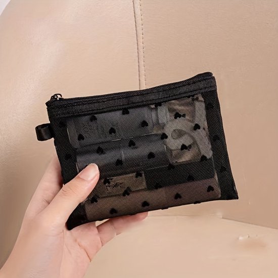 Set van 6 hartvormige make-up organizers van gevlokt mesh; transparant mesh, compact en handig Geschikt voor het opbergen van make-up en digitale apparaten.