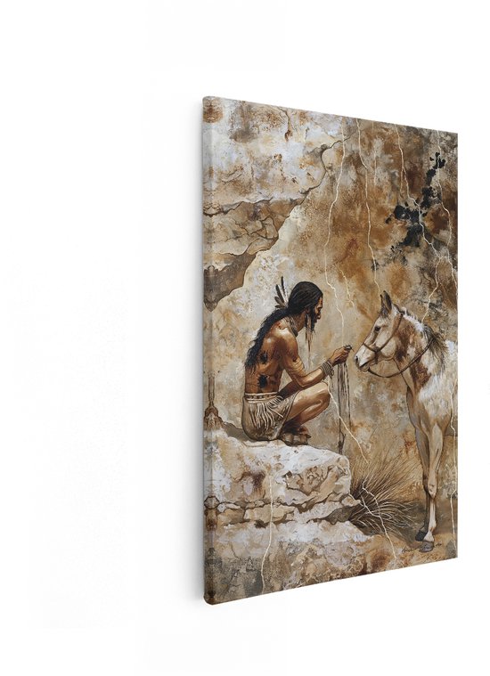 Artaza Canvas Schilderij Indiaan Met Paard - 40x60 cm - Wanddecoratie Woonkamer - Muurdecoratie Native American - Schilderijen Op Canvas