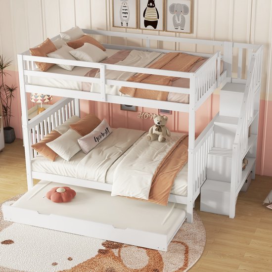 REDOM Lit superposé 140x200x160,5 cm en bois de pin/MDF, avec armoire-escalier et lit roulant escamotable