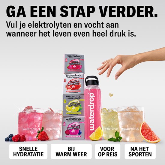 Waterdrop Recharge drankjes met Aardbei, Grapefruit en Citroen-Munt smaken. Snel hydrateren, voor op reis, bij warm weer en na het sporten.