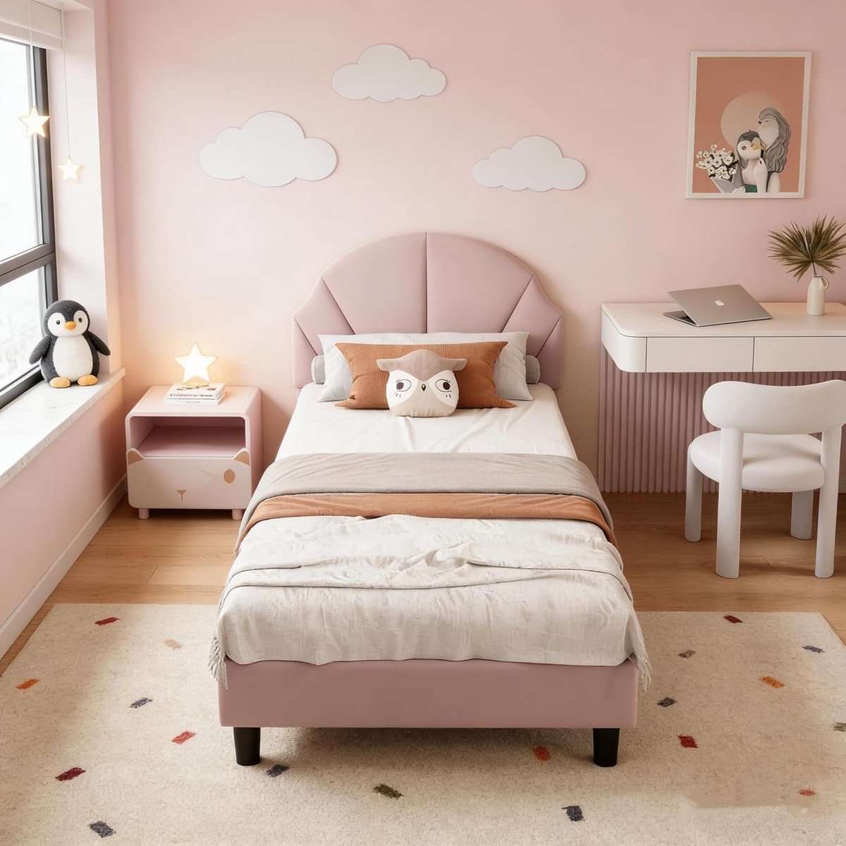ROSAHQNDA Eenpersoonsbed 90 x 200 cm, kinderbed, jeugdbed met verstelbaar hoofdeinde, bedframe met lattenbodem, prinsessenbed, meisjesbed, fluweel (lichtroze, 90 x 200 cm)