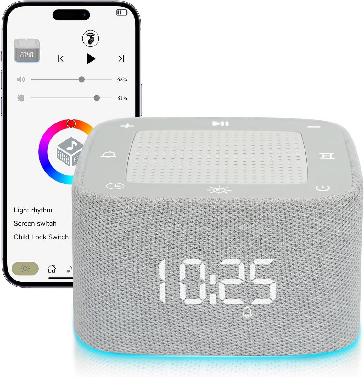 Geluidsmachine met wekker en Bluetooth - 32 rustgevende geluiden, RGB-licht en app-bediening voor optimale slaapervaring
