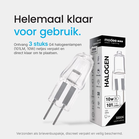 Verpakking met drie G4 halogeenlampjes van 10W, 101LM, 3000K warm wit licht.