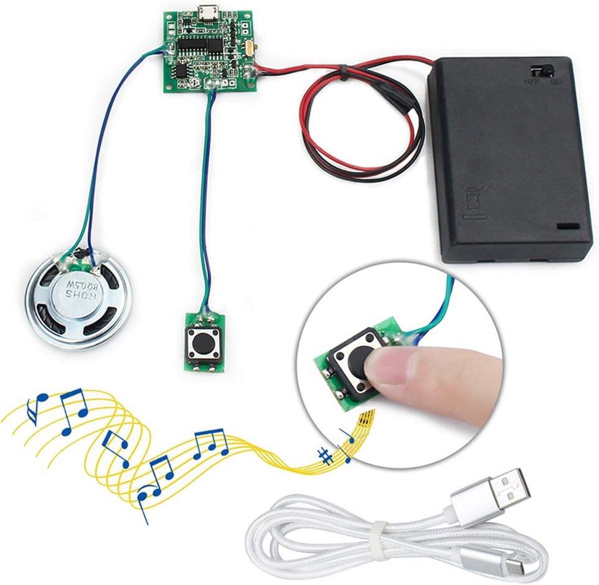 MP3 Geluidsmodule - Programmeerbare Muziekmodule met 8 MB Geheugen, USB, Oplaadbaar, Inclusief Batterijbox en Micro-USB-Kabel voor Doe-Het-Zelf Projecten