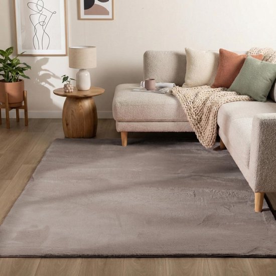 Tapis Flycarpets Amalfi Taupe - Poils longs lavable Moelleux et Doux - 160x230 cm