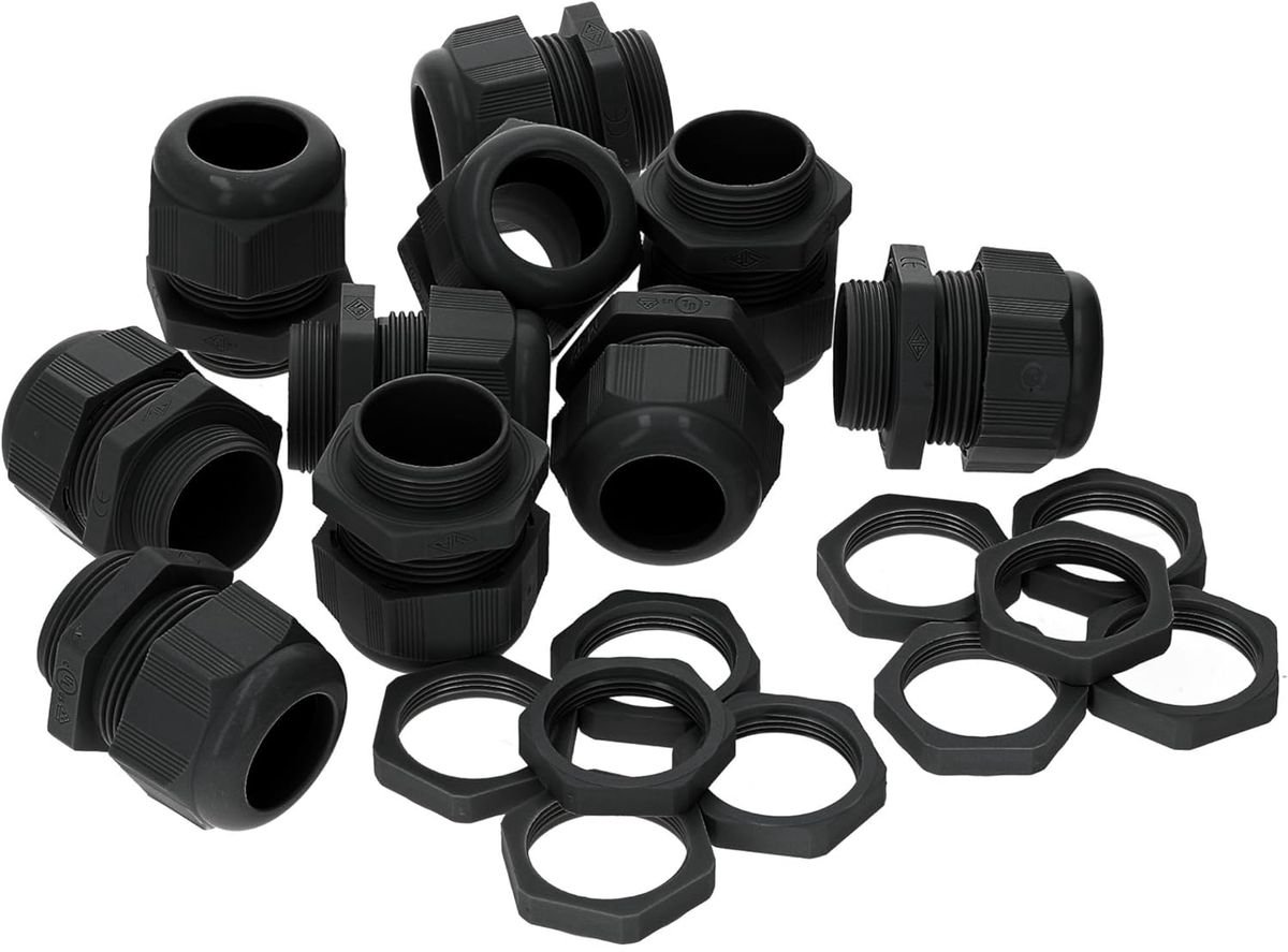 10 stuks Kalitec M12 kabelwartel, kunststof, klembereik 2,5-6,5 mm | M12 borgmoer, zwart kunststof | waterdichte kabelwartel
