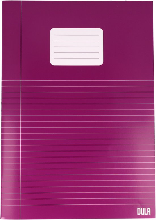 Paars DULA schrift met lijntjes en een label voor de titel.