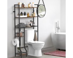 NOVIMANGO Boven het toilet opbergplank, 3 niveaus boven het toilet opbergrek, vrijstaand boven toiletstandaard met 4 haken, badkamerorganizer met extra zijplanken, rustiek bruin