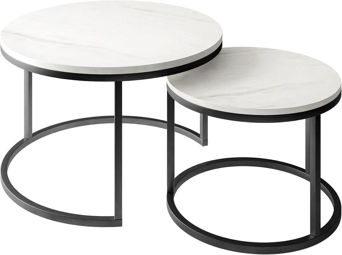 Ronde 2-In-1 Salontafel Set - Bijzettafels voor Woonkamer - Marmeren Bladen met Metalen Onderstel