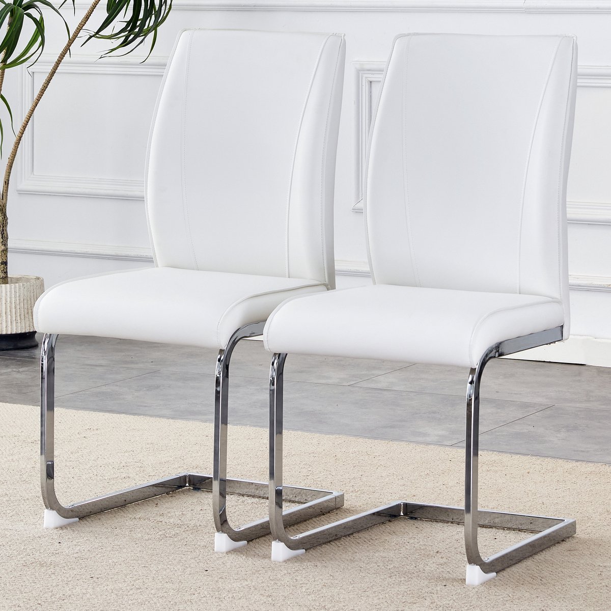 HAUSS SPOLE Eetkamerstoel 44,5x43x50 Cm - Set Van 2 - Ergonomische Rugleuning - Kunstleer En Metalen Frame - Wit Zilver
