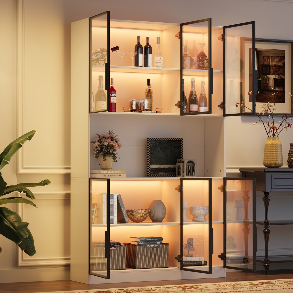 Vitrinekast met LED Verlichting - 120 cm Breed - Witte Opbergkast met 6 Deuren & Open Vakken - Modern Displaymeubel - 120x34x200 cm