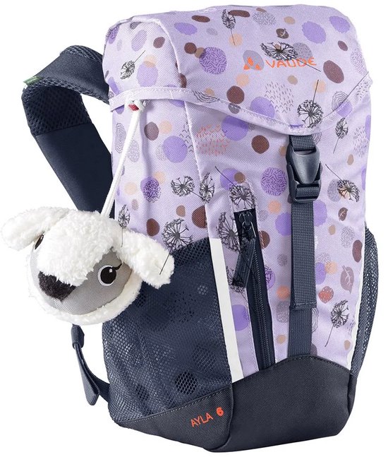 Lichtpaarse kinderrugzak met cirkel- en paardenbloempatroon, met een schaapknuffel aan de zijkant.