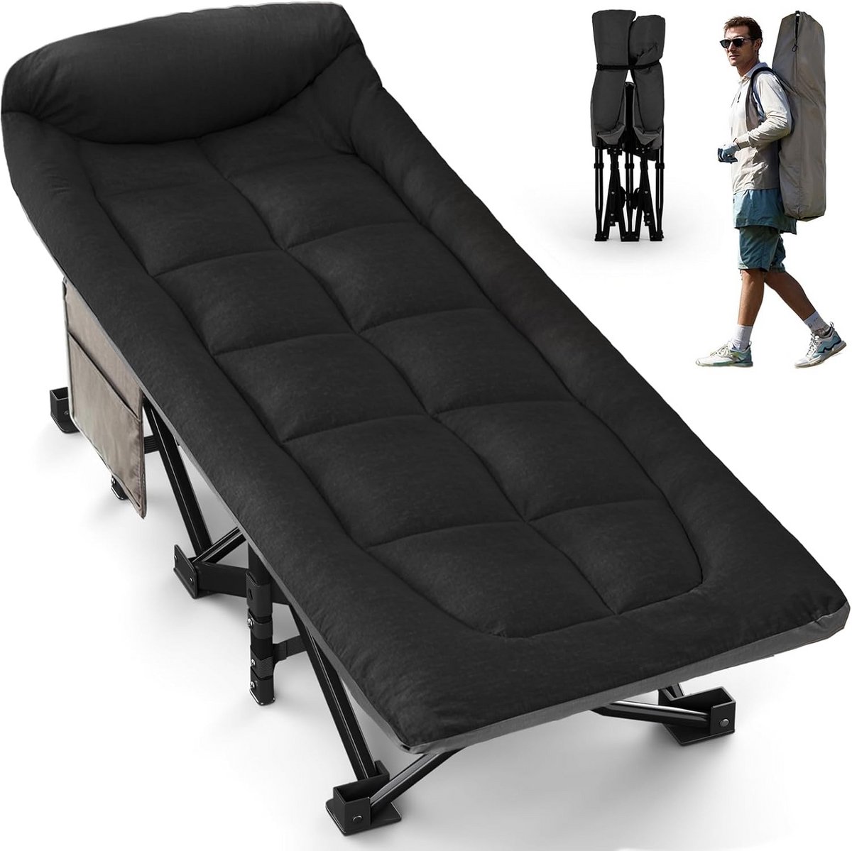 Campingbed Opklapbaar - Draagbaar Eenpersoonsbed - Buiten Ontspannen - Geïntegreerd Kussen - XL 250 kg - Zwart
