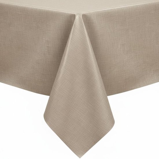 Taupekleurig tafelkleed met linnenlook, zoom en hoek gedetailleerd.
