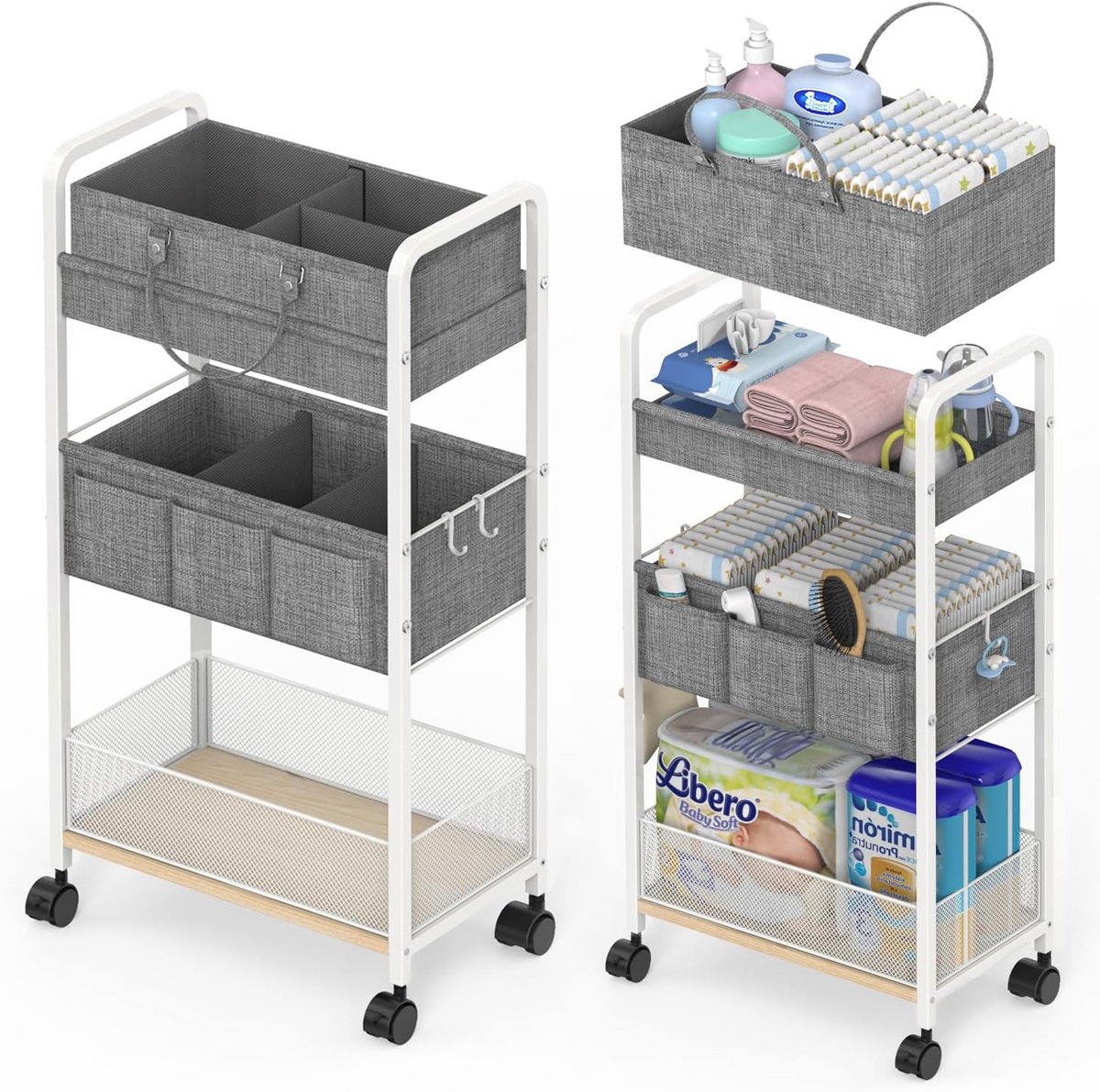 2-in-1 Baby Luier Caddy en 3-laags Rollende Luierwagen - Organizer met Verdeler voor Babykamer