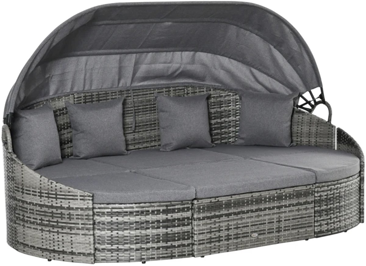 Zonne-eiland - Rotan Ligstoel - 4-delige Loungebed - Lounge Eiland - incl. Opvouwbare Zonnedak - Loungeset met Luifel & Kussens - voor Tuin en Terras - Zitgroep - Ligbed - Tuinmeubel - Tuinbank - Slaapbank - Grijs