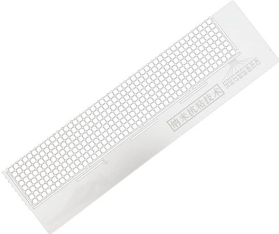 Zilverkleurige liniaal met rasterpatroon van gaatjes, lengte 14,5cm.