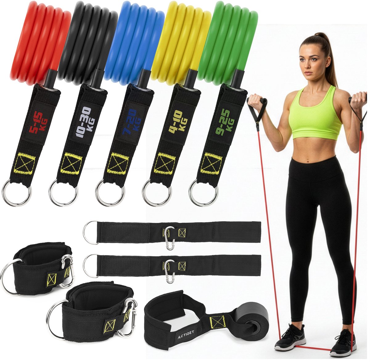 Actiget® Resistance band | Weerstandsbanden | Weerstands Set | Set van 9 | Fitness elastiek | Meerkleurig