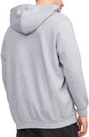 Man draagt een lichtgrijze hoodie met rits, achterkant zichtbaar, met een zwarte jeans.