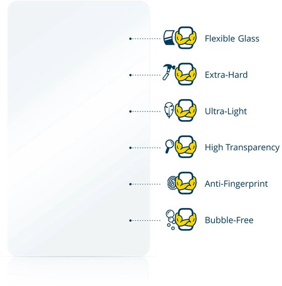 Een flexibel, ultralicht en extra hard glazen schermprotector met hoge transparantie en anti-vingerafdruk eigenschappen.