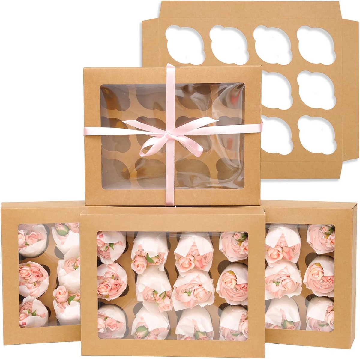 12 Cupcake Bakvormen - 20 Stuks Bruine Dozen met Venster voor Gebak en Muffins