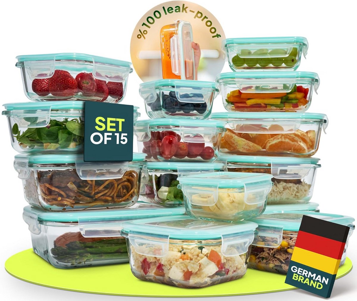 Glazen Potten met Deksel Set 15-Delig voor Maaltijdpreparatie en Opslag