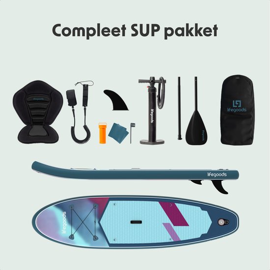 LifeGoods SUP Board Allround Compact - met Zitje - 120 KG Draagkracht - 300 x 76 cm - Opblaasbaar - Compleet SUP pakket - Blauw/Paars