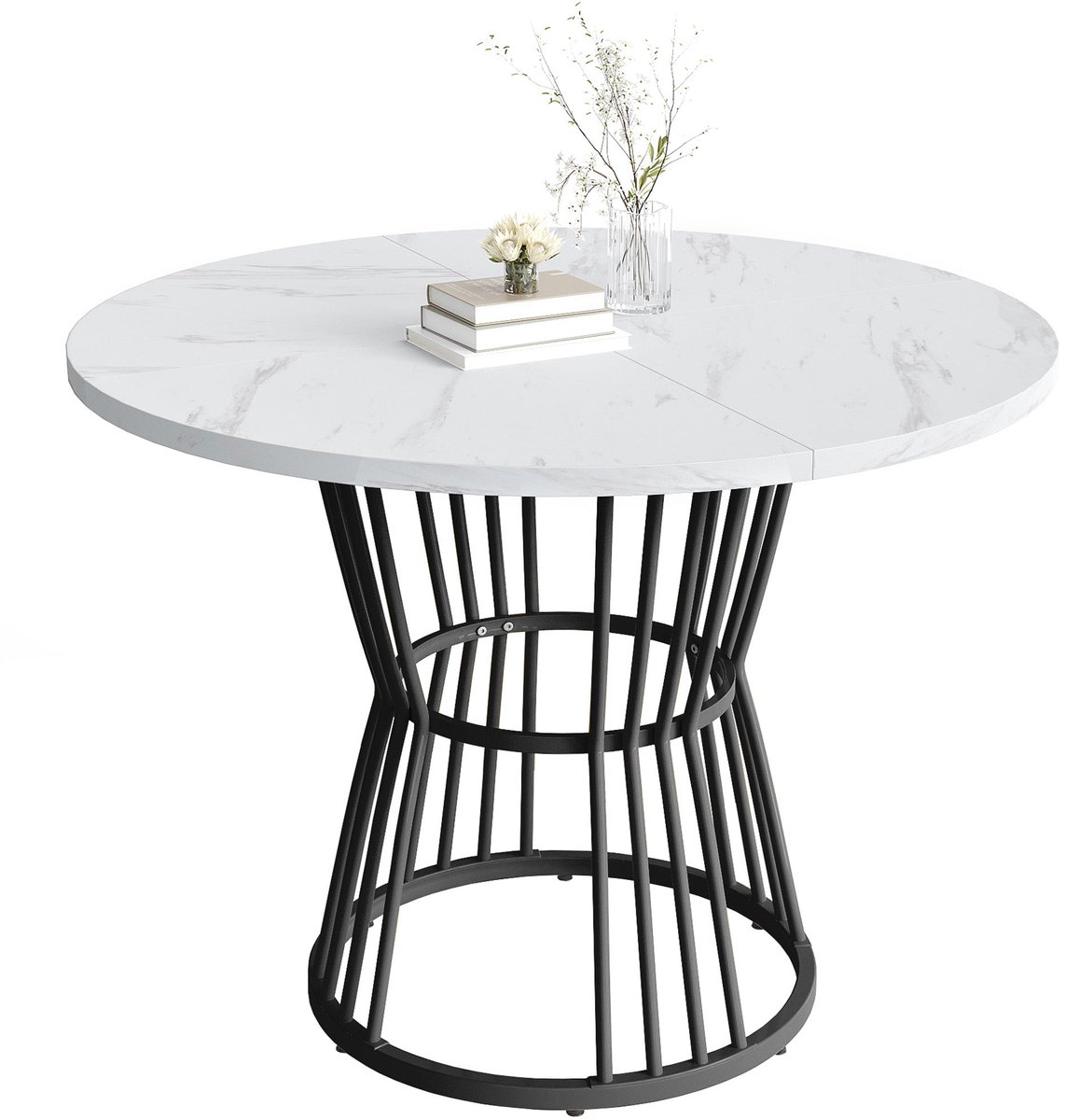 Merax Ronde Eettafel Met Marmerlook Ø100 X 75 Cm – Keukentafel Met Stevig Metalen Onderstel – Voor Eetkamer - Woonkamer Of Horeca – Zwart/Wit