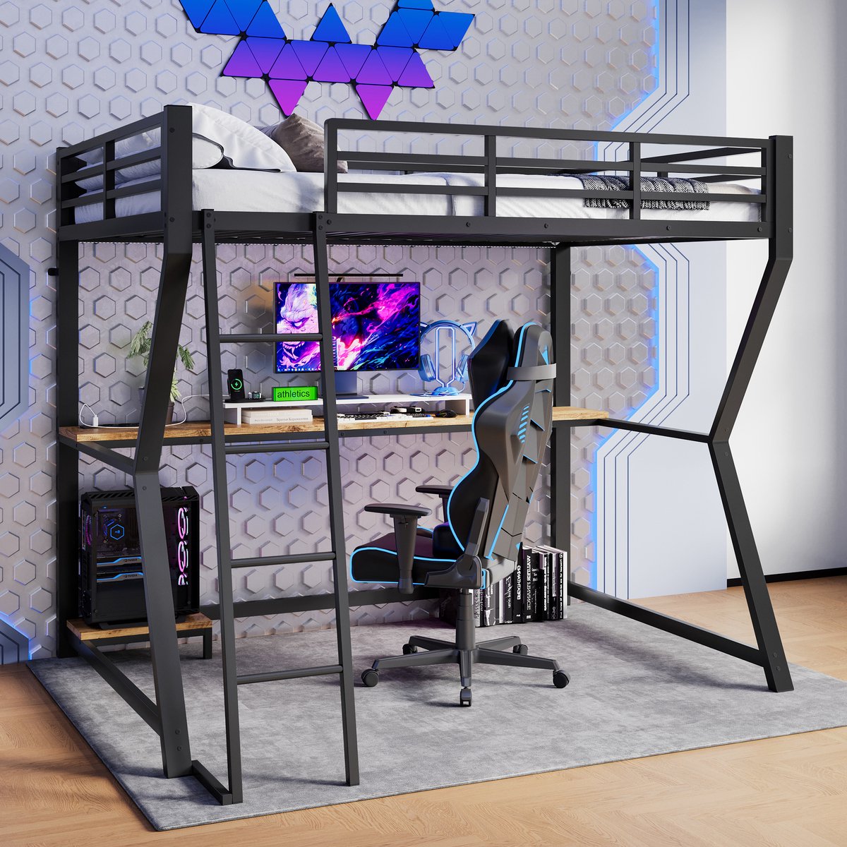REDOM Hoogslaper 90x200 cm van metaal en MDF – Met bureau, stopcontact, USB en LED – Zwart