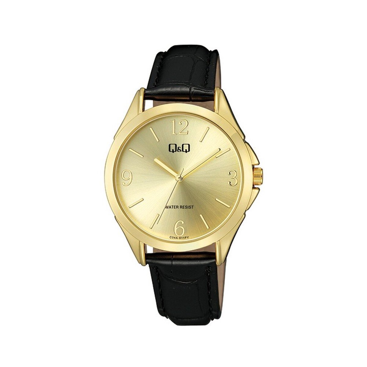 QQ C04A-011PY - Horloge - Vrouwen - Dames - Leren band - Rond - Metaal - Cijfers - Streepjes - Zwart - Goudkleurig