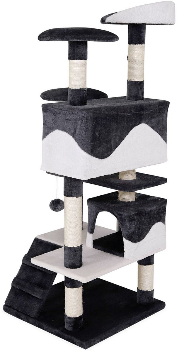 lionto Kattenkrabpaal 130 cm groot, met trap, grot & speelballen, grijs/wit thumbnail 6