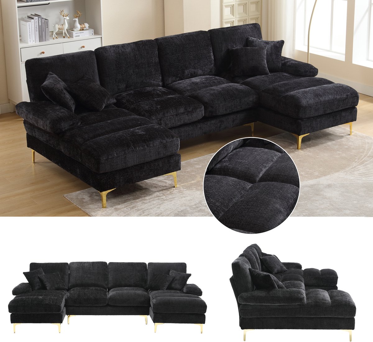 Wishdor Luxe U-Vormige Hoekbank - Moderne Loungebank met Gouden Poten - Huisdiervriendelijk Chenille - 272x136 cm - Zwart