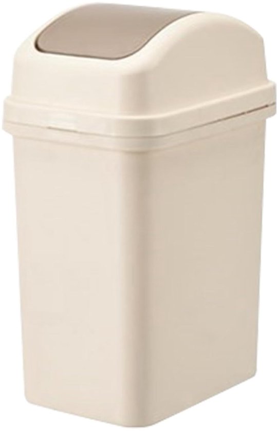 Beige afvalemmer met bruin kantel-deksel, geïsoleerd op witte achtergrond.