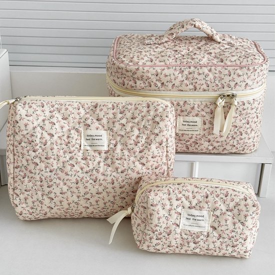 Roze corduroy tas - Make-uptas met bloemenprint - Multifunctionele reistas - Draagbare organizer - Set van 3