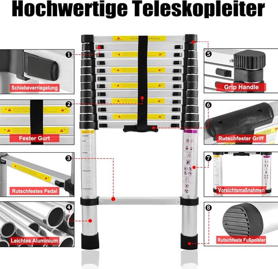 Telescopische Ladder - Uitschuifbare Ladder - Veelzijdig Gebruik - Opvouwbaar Ontwerp - 3.8 Meter - Zilver van Merkloos	 — afbeelding 5