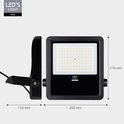 Zij-aanzicht en vooraanzicht van de zwarte LED-schijnwerper met afmetingen 130mm en 260mm.