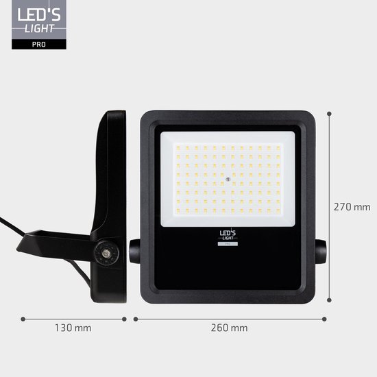 Zij-aanzicht en vooraanzicht van de zwarte LED-schijnwerper met afmetingen 130mm en 260mm.