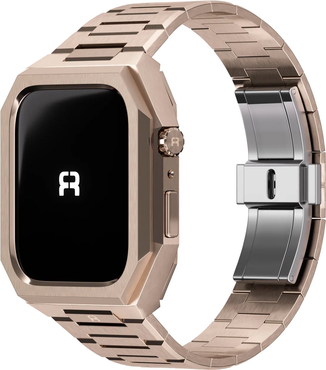 Reqior Case met stalen bandje Givoni RVS – geschikt voor Apple Watch 7 45mm / Apple Watch 8 45mm / Apple Watch 9 45mm – luxe, stevig – Rose Gold