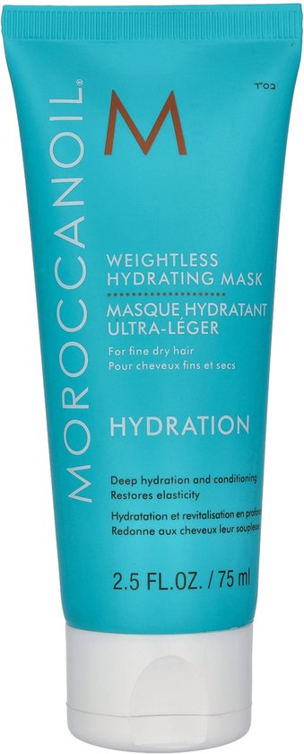 Moroccanoil Weightless Hydrating Mask tube. Turquoise met oranje M-logo en witte tekst. 75 ml.