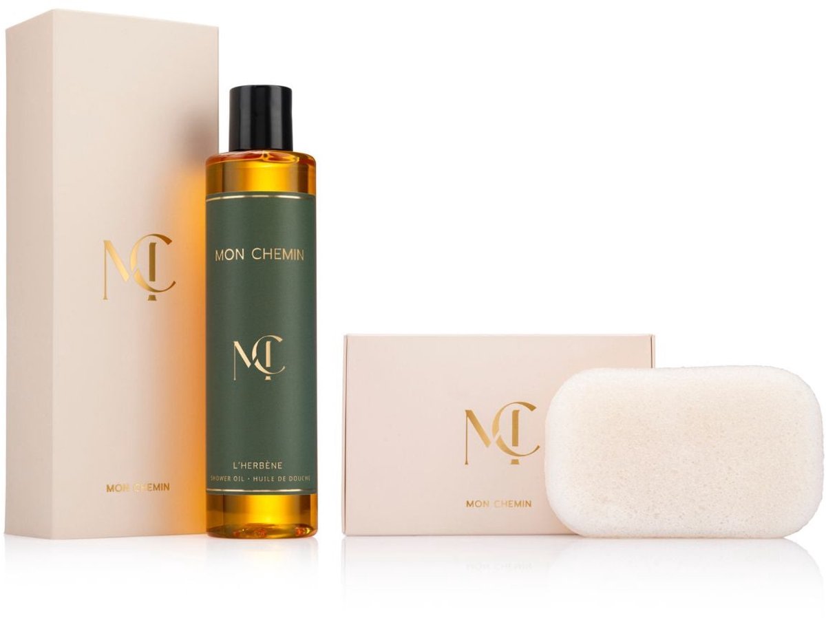 Mon Chemin® L'Herbéne Douche Essentials Set | Doucheolie + Konjac Lichaamsspons – Luxe Cadeau