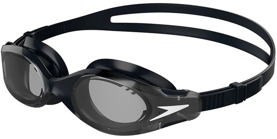 Zwarte zwembril met grijs getinte glazen en een Speedo logo op de zijkant.