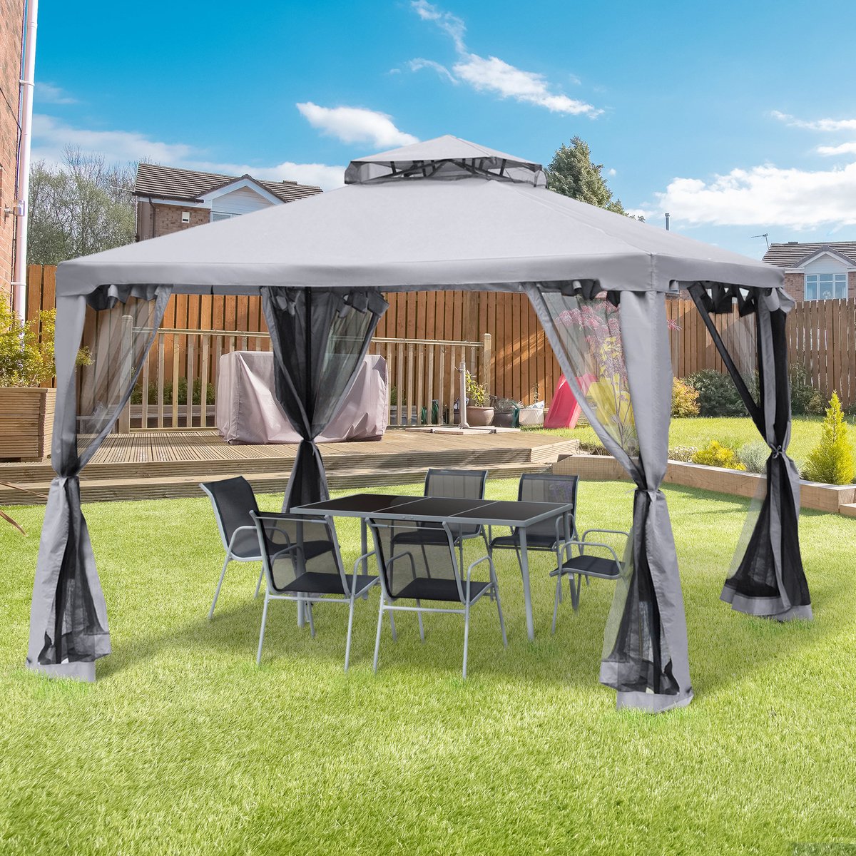 REDOM Tuinpaviljoen - Puntdak - Met 4 Zijwanden Van Gaas - Metalen Frame - Polyester Dak - Antracietgrijs - 294 X 294 X 265 Cm